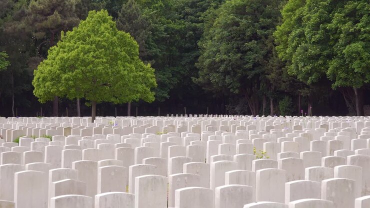 Inquadratura d'apertura del cimitero militare di guerra di Etaples, Francia, con le lapidi dei soldati 2