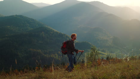 strong man climb mountains hill nature. walking tourist enjoy hike on vacation.