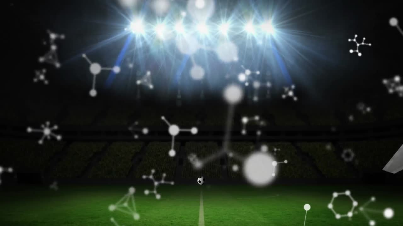 스포츠 경기장의 유리 벽을  ⁇ 고 축구 위에 떠다니는 네트워크의 애니메이션