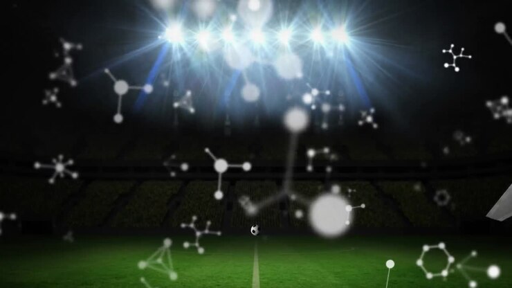 Animazione di reti che fluttuano sopra un pallone da calcio che sfonda una parete di vetro in uno stadio sportivo