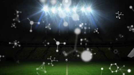 스포츠 경기장의 유리 벽을  ⁇ 고 축구 위에 떠다니는 네트워크의 애니메이션