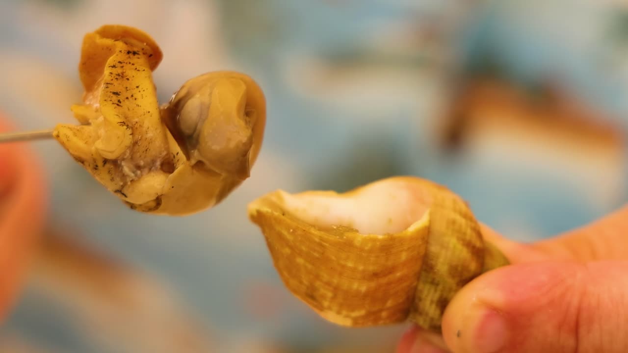 Detailed view of a person using a tool to extract shellfish from its shell.