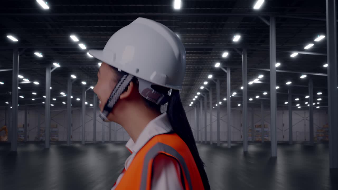 Vista laterale di ingegnera asiatica che saluta con la mano mentre cammina in un magazzino moderno vuoto