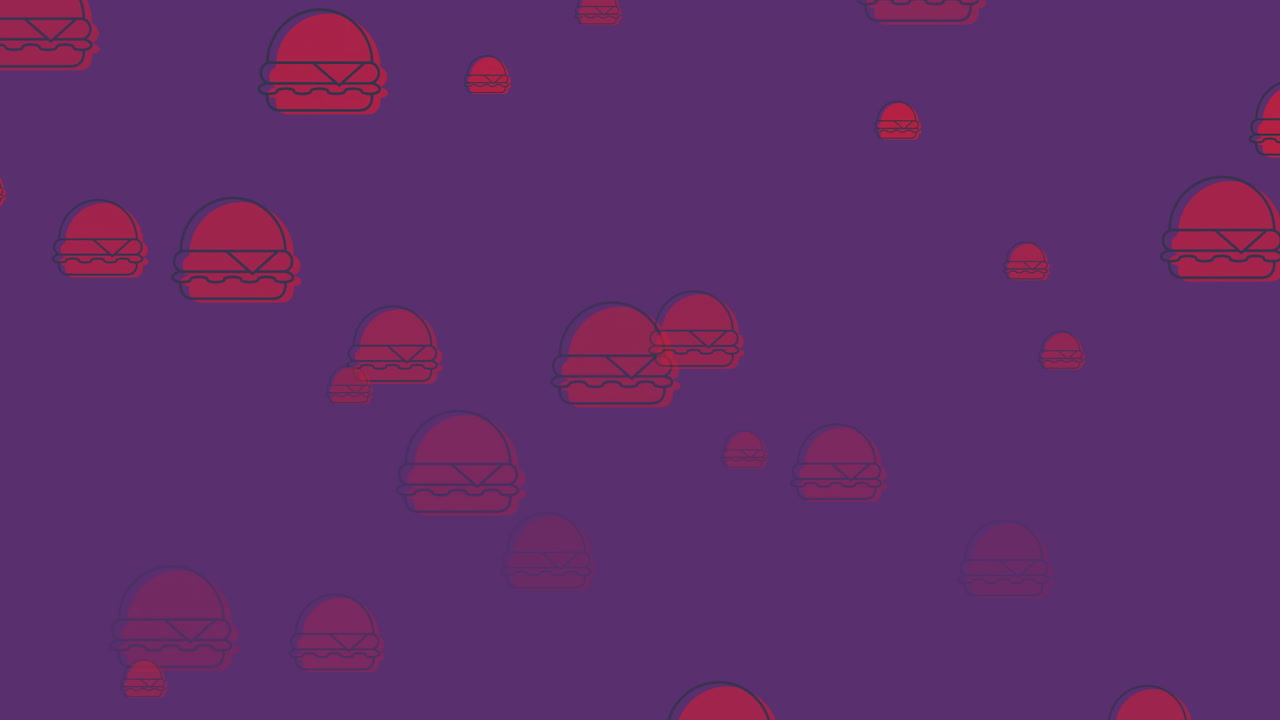 Animation of falling hamburgers icons on purple background