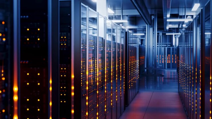 Server room no action observed, in data center interior, with servers, racks, with metallic surfaces, electronic components texture, from a static wide-angle perspective perspective.