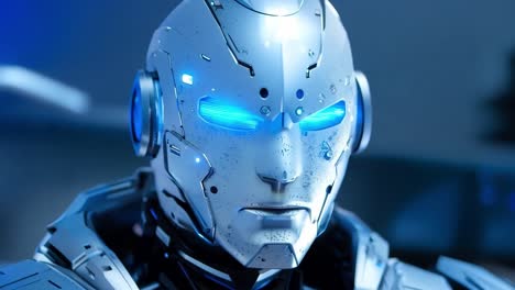 a close up of a robot with blue eyes