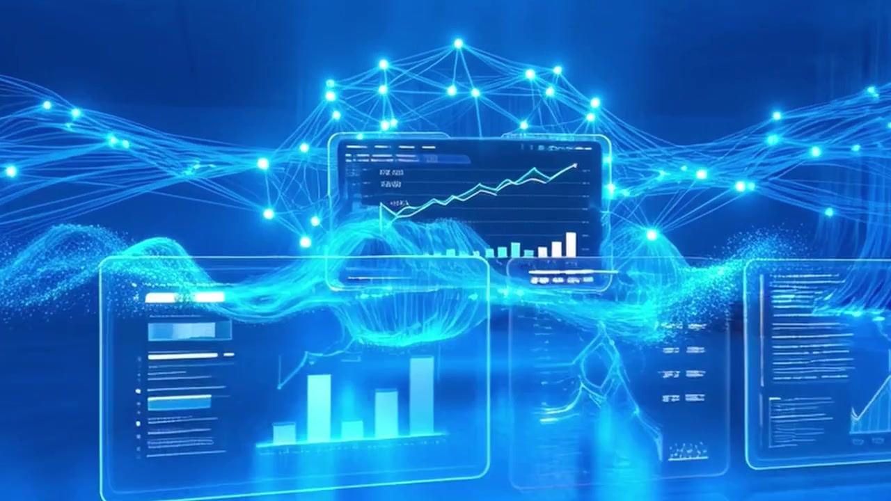 Digital Data Visualization and Network Connectivity in Futuristic Blue Environment