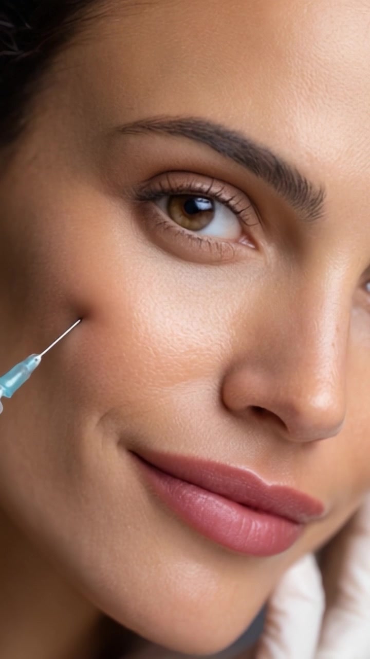 Primo piano di una donna sorridente che si sottopone a un trattamento estetico, evidenziando la bellezza naturale, la cura della pelle e il miglioramento estetico in un ambiente professionale
