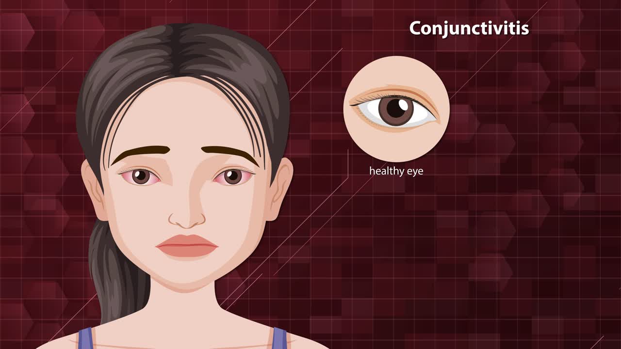 Educational animation comparing healthy eyes and multiple conjunctivitis types with labeled medical illustrations