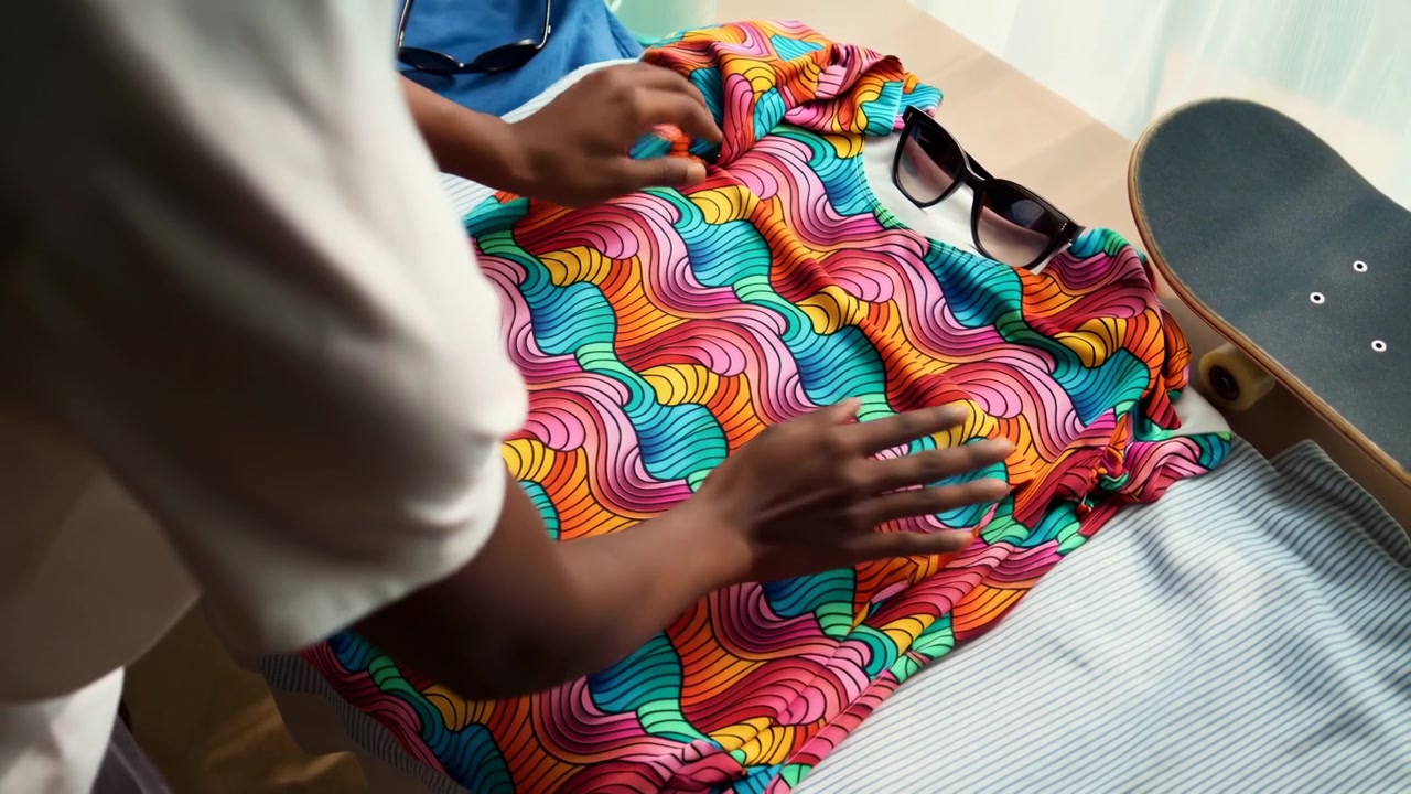 Overhead view of a colorful wavy patterned shirt being smoothed by hands on a flat surface, with sunglasses, a skateboard, a blue garment, and striped fabric