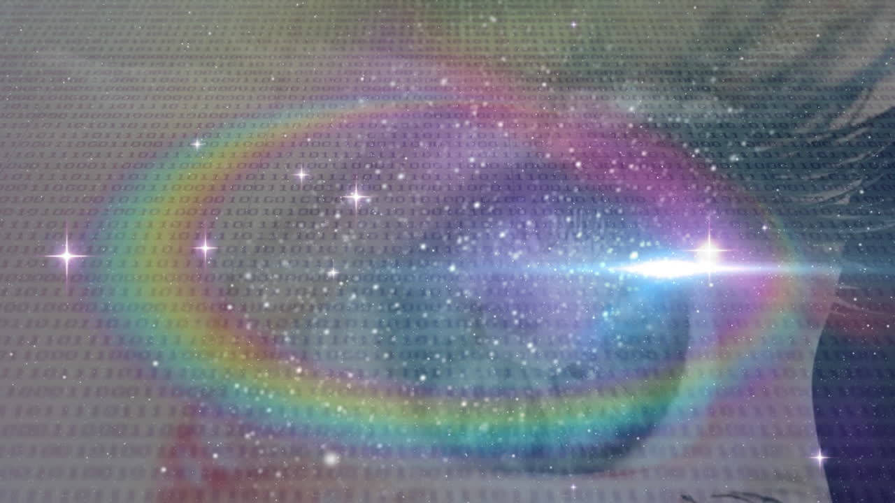 프리즘, 별 및 바이너리 코딩 프로세싱의 애니메이션이 여성의 눈을 배경으로합니다.