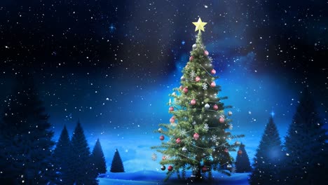 Weihnachtsbaum-In-Winterlandschaft-Und-Fallendem-Schnee