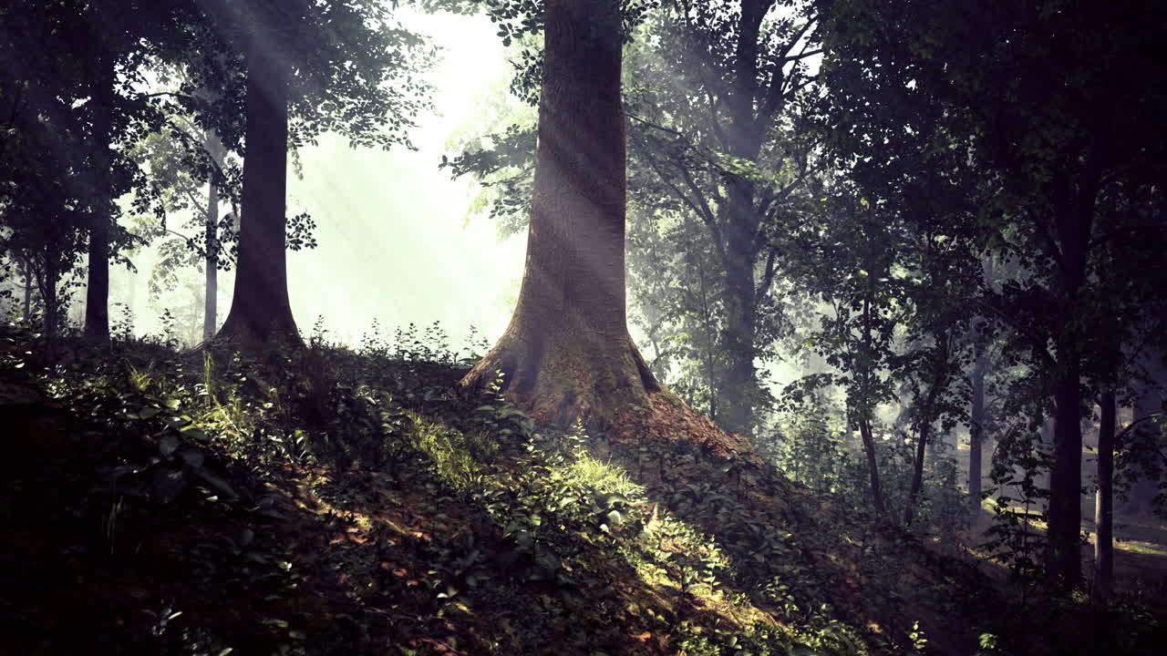 Sunlight filters through tall trees in a serene forest setting at dawn