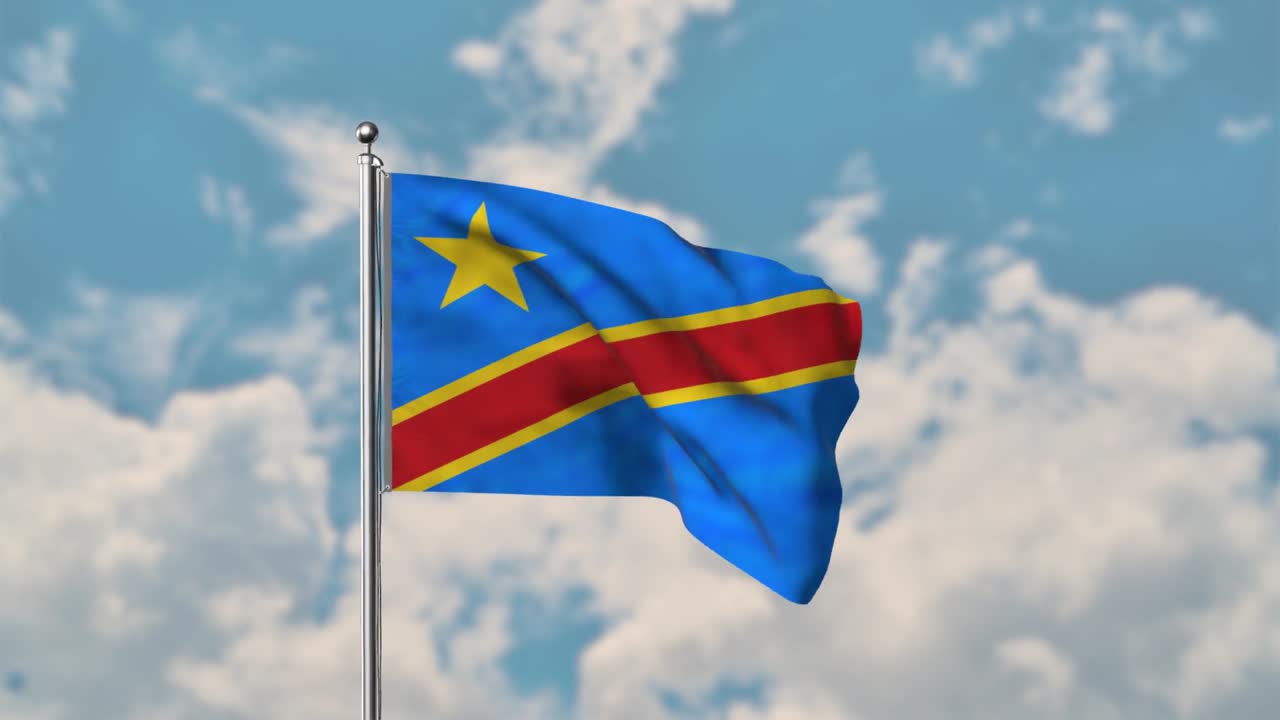 bandera del dr congo ondeando en el cielo azul video realista 4k