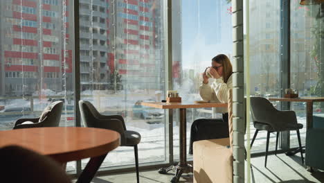 freelancer seated near window sipping coffee in bright modern cafe with parked cars and snowy residential buildings visible through large glass