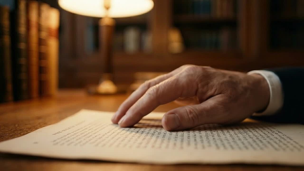Hand resting on printed page while reading document under warm lamp in classic study room