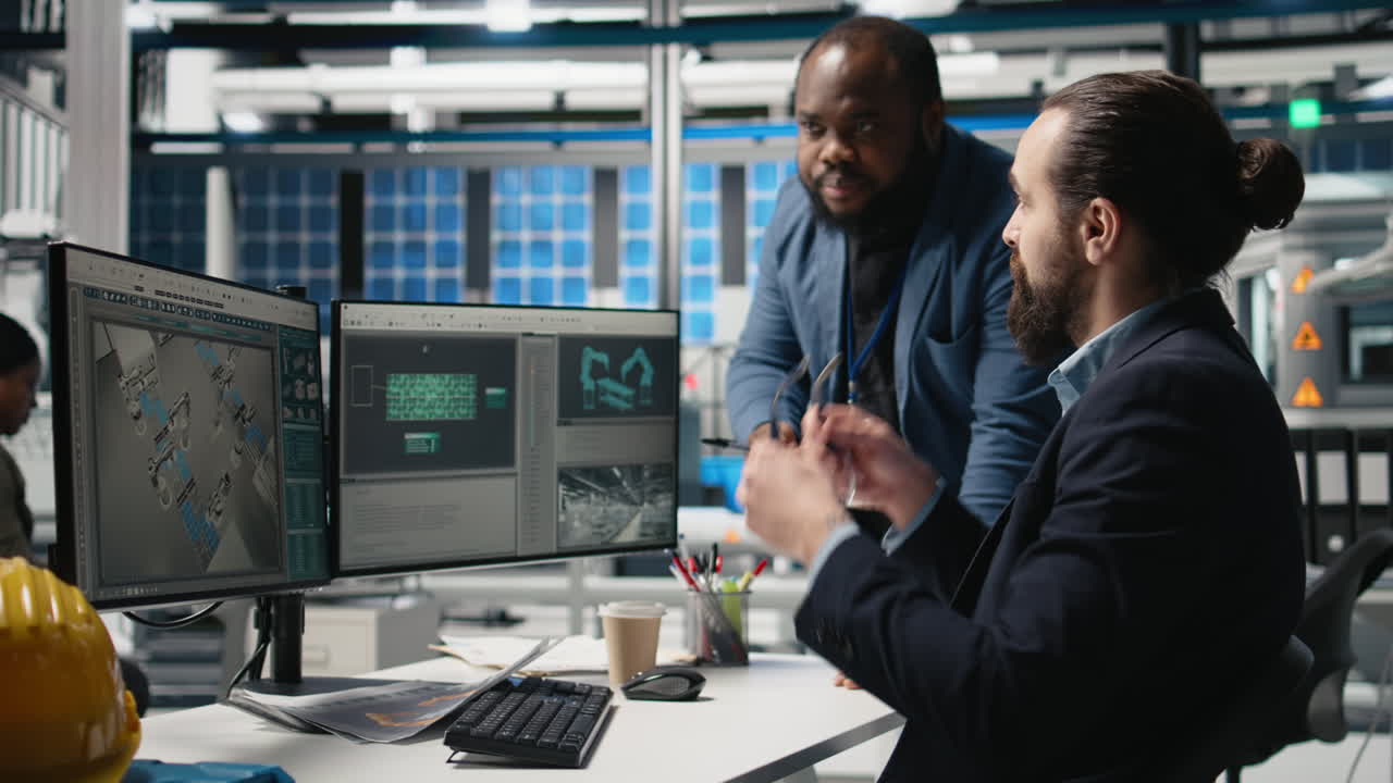 Engineers collaborating on a design project in a modern factory
