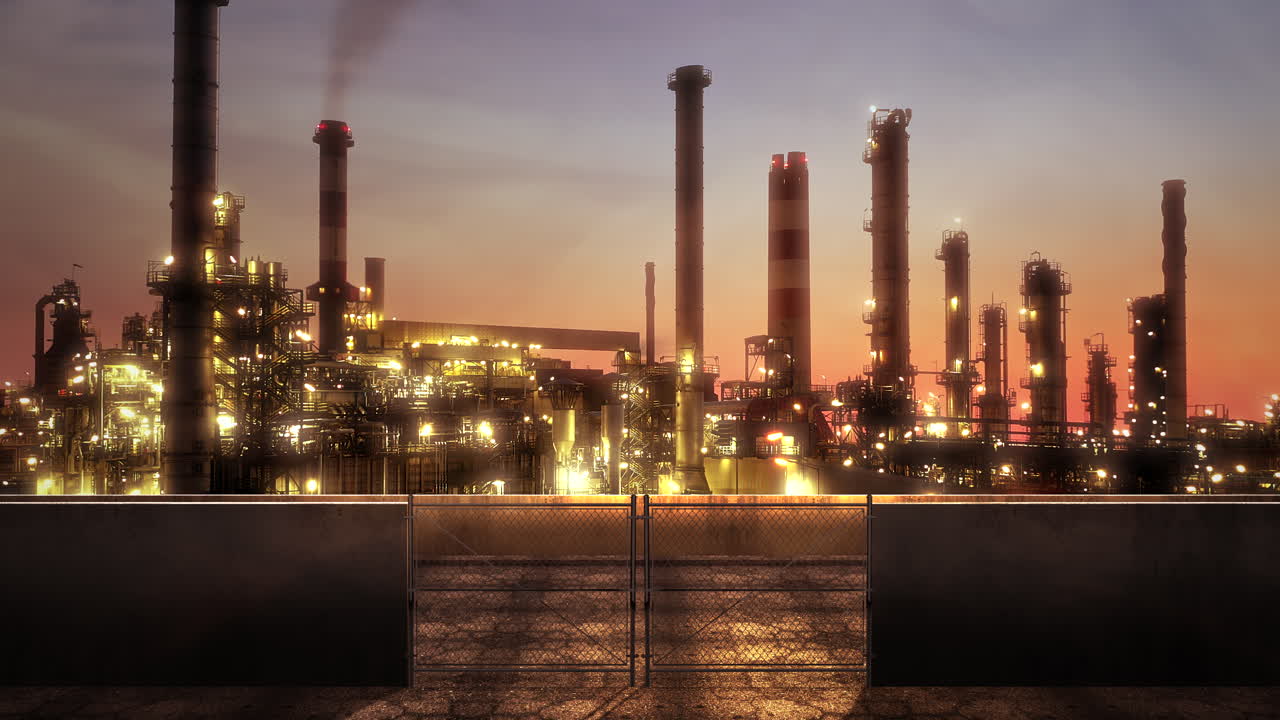 panorama del paisaje de la ciudad con muchos grandes tubos de fábrica en el atardecer de verano