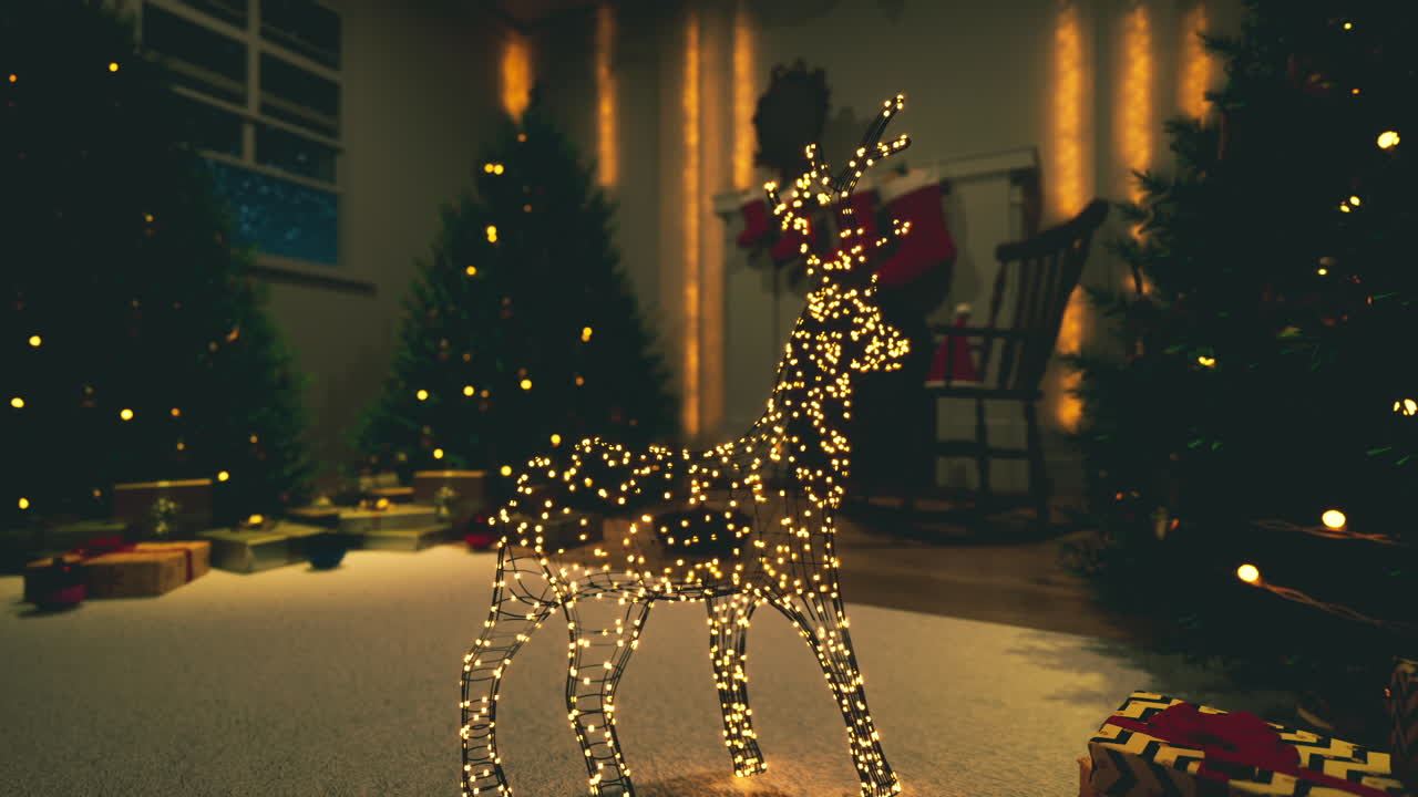 Cozy indoor christmas prep with gifts decor and a glowing reindeer