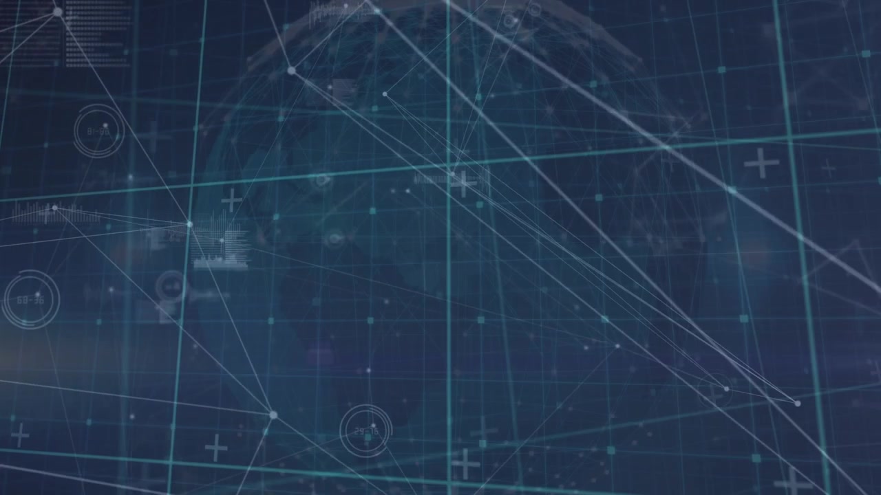 Animation of data processing and globe over blue background