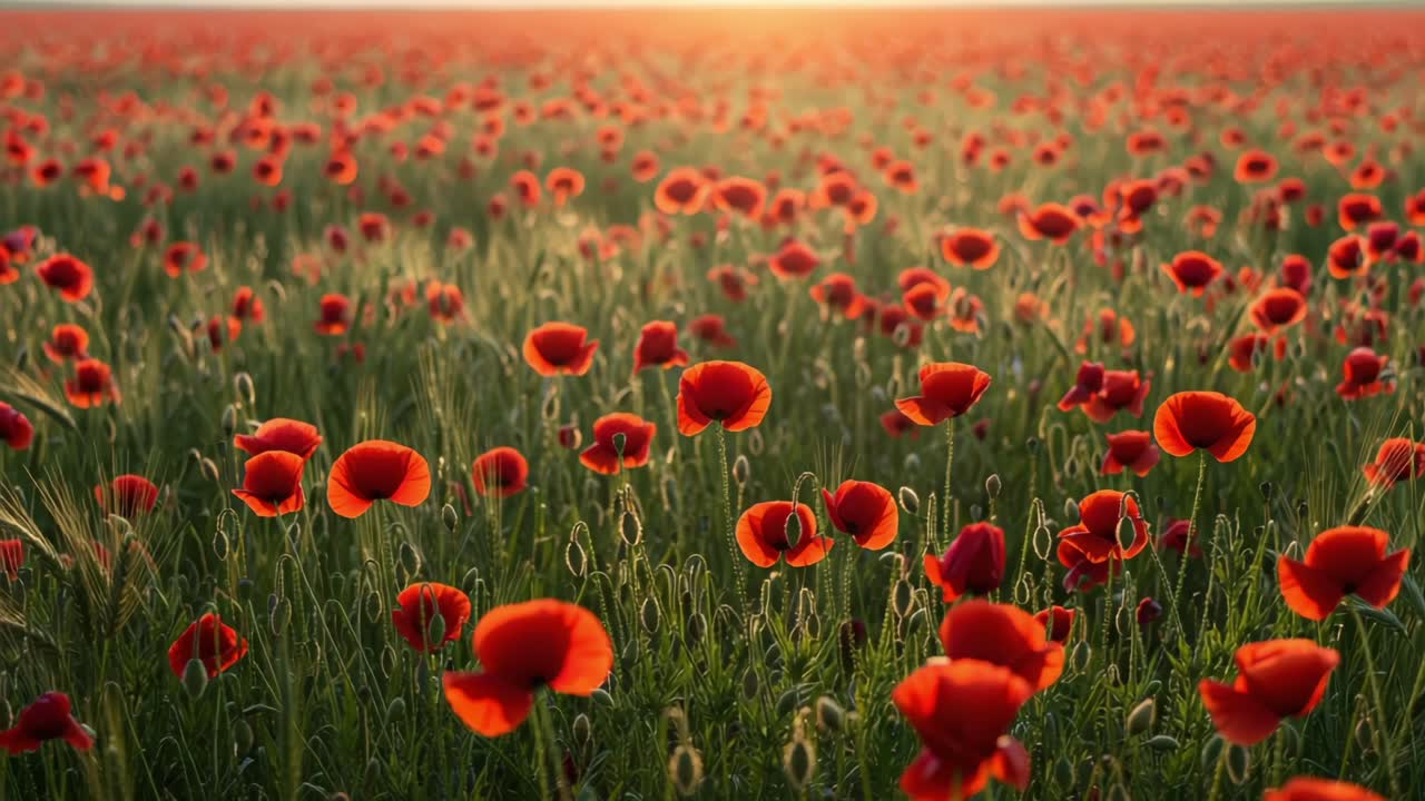 Vibrant Red Poppy Field at Sunset: A Stunning Display of Nature's Beauty with Hundreds of Blooming Poppies in a Lush Green Meadow under the Golden Glow of Evening Light