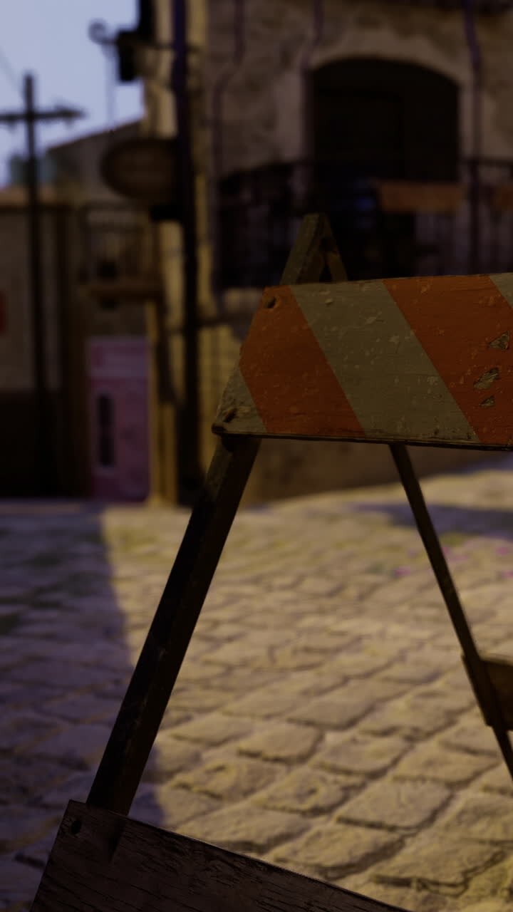 Barriera da cantiere su marciapiede in area urbana di notte.