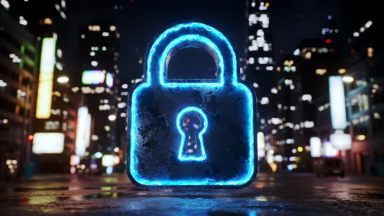 A striking blue neon lock symbol against a vibrant urban backdrop, representing security, privacy, and digital protection in a modern city setting at night