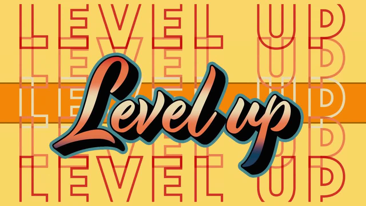 animación de texto de nivel naranja que se repite sobre una franja naranja sobre fondo amarillo