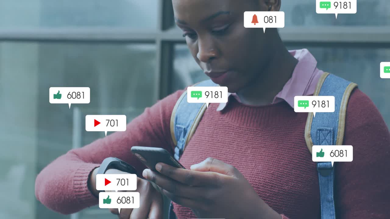 Woman glancing smartwatch, tapping smartphone as social media icons multiplying around her