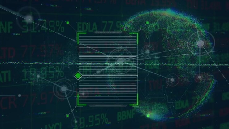 Animation af databehandling og netværk af forbindelser over aktiemarkedet og kloden.