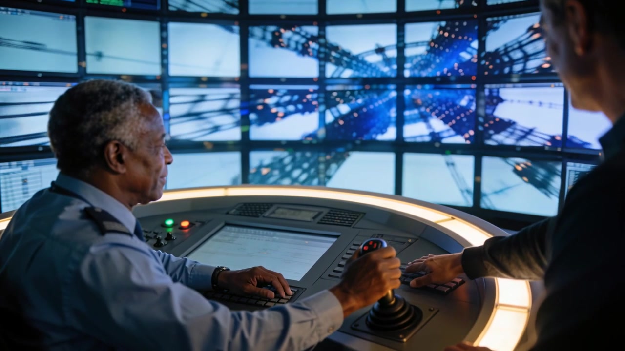 Operating epaulet officer moving joystick and display at bridge as colleague leaning in, copy space