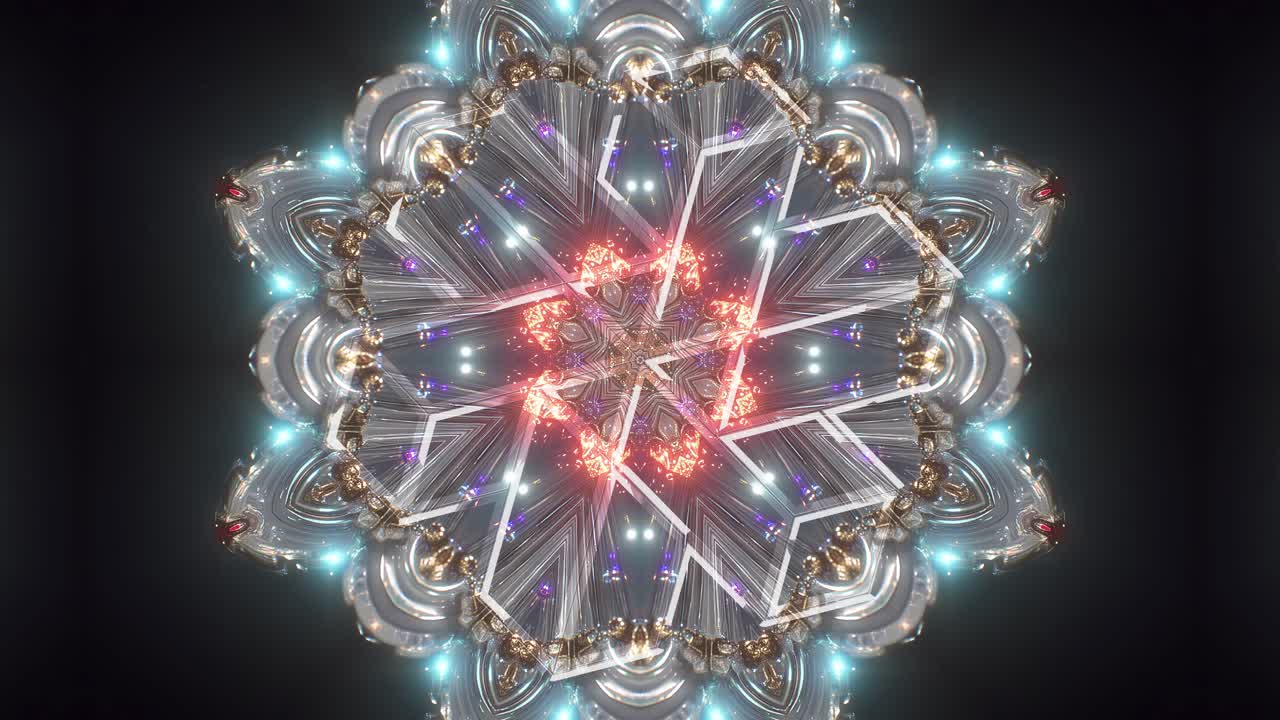 This dazzling fractal mandala with an interlocked hexagonal cube glyph radiating with jewel-like bursts. Seamless 4K60 loop ideal for VJ visuals, projection mapping, festivals, and meditation content