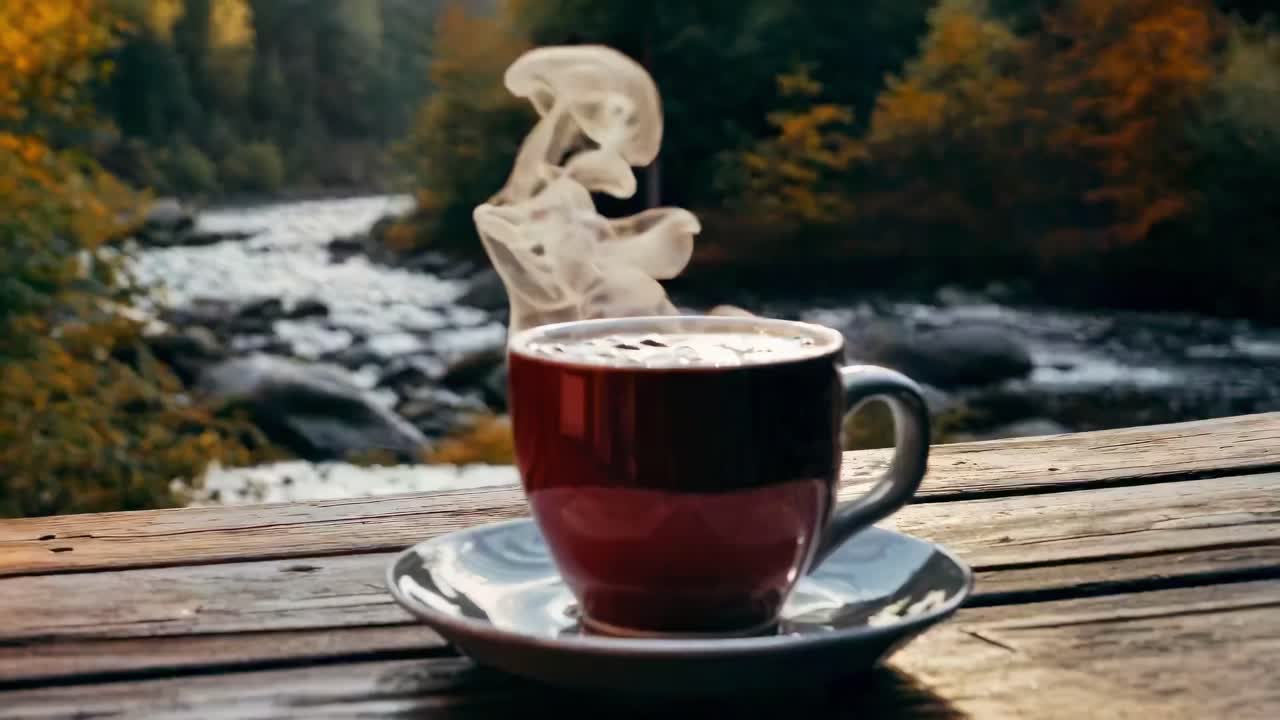 Warm coffee cup on rustic table, steam rising, with a river backdrop