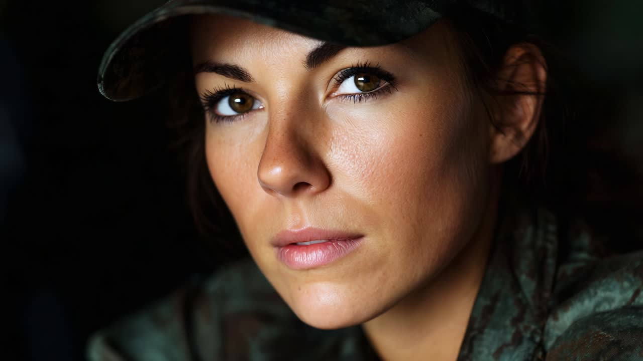 A close-up portrait of a determined young woman wearing a military cap and camouflage clothing, portraying a strong expression that reflects confidence, resilience, and readiness in a thoughtful gaze