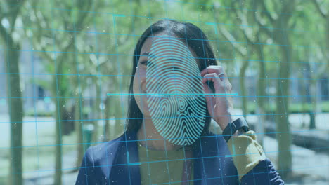 biometric finger scanner and security padlock icon against african american woman smiling