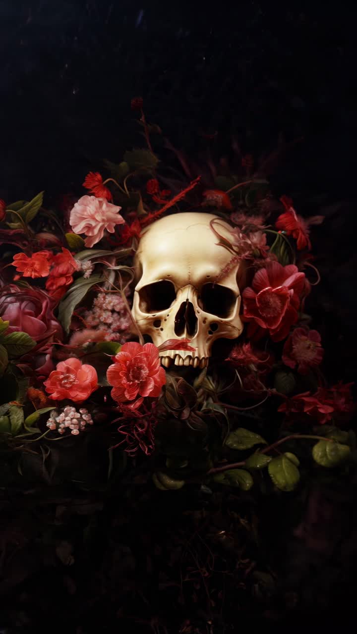Un concepto de vídeo dramático de bodegón con una calavera entre flores vibrantes
