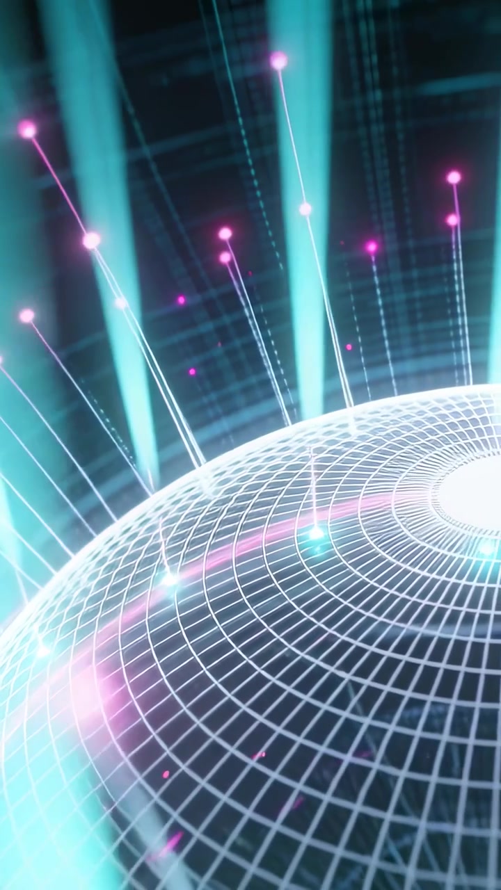 Vertical video: Aperture activating, grid dome emitting beams and nodes in CGI space for data