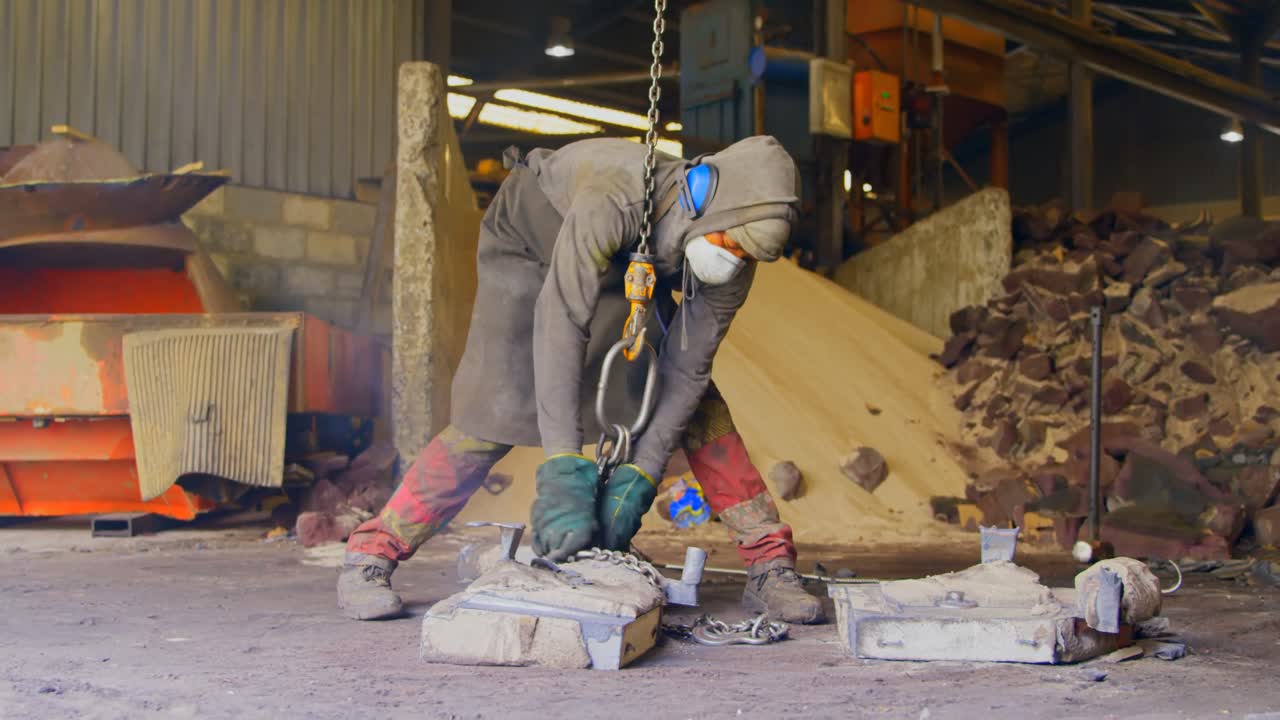 Worker operating crane in foundry workshop 4k