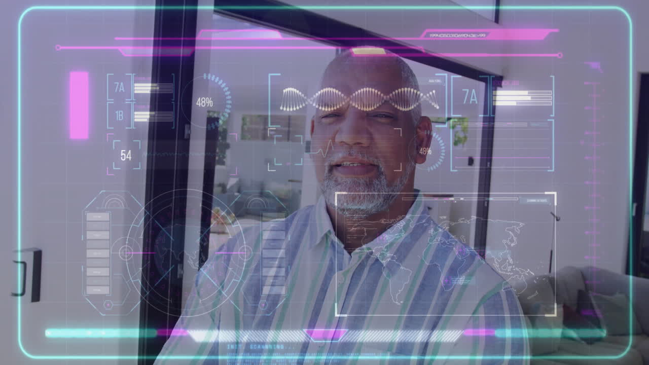 man analyzing biotech data holographic interface indoors, showing DNA helix chart and world map