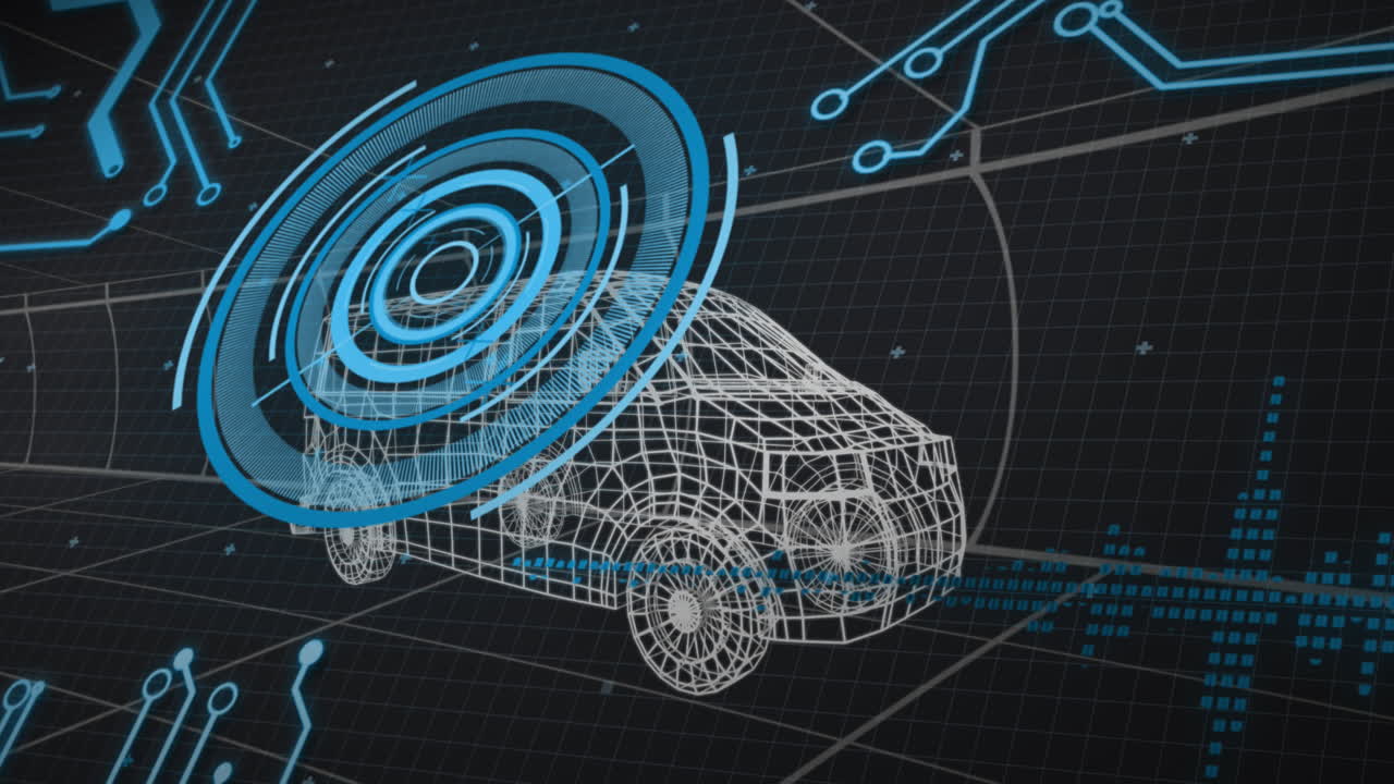 animación de un modelo 3d de coche con interfaz digital y elementos de placa de circuitos.