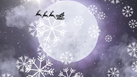 Snowflakes-falling-over-santa-claus-in-sleigh-being-pulled-by-reindeers-against-moon-in-night-sky