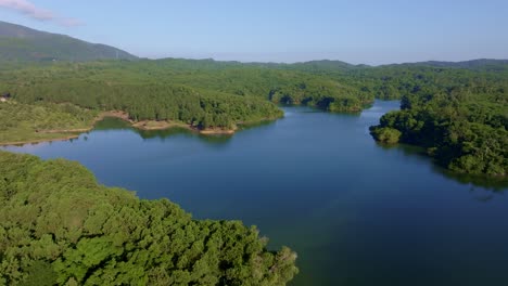 blue water of reservoir at rincon dam. idyllic and tropical forest landscape in national park dominican republic.l sunny day with blue sky in summer. aerial forward shot.