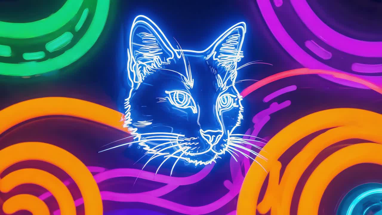 Abstract Neon Cat Head with Vibrant Glowing Lights
