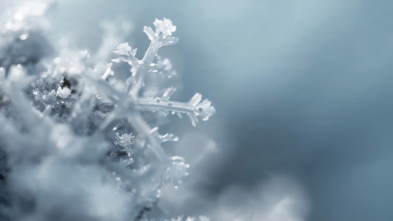 Camera shifting focus, showing single snowflake crystal on frosted surface to reveal fine facets