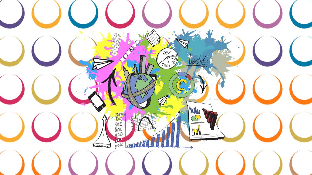 animación de iconos de negocios sobre círculos de colores sobre fondo blanco