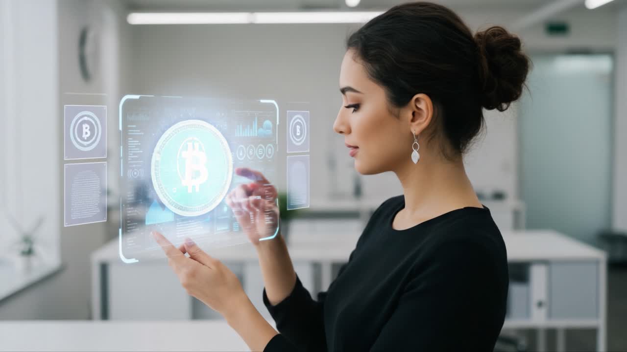 A Woman Engaged with Advanced Technology, Interacting with a Holographic Display of Cryptocurrencies in a Modern Office Environment
