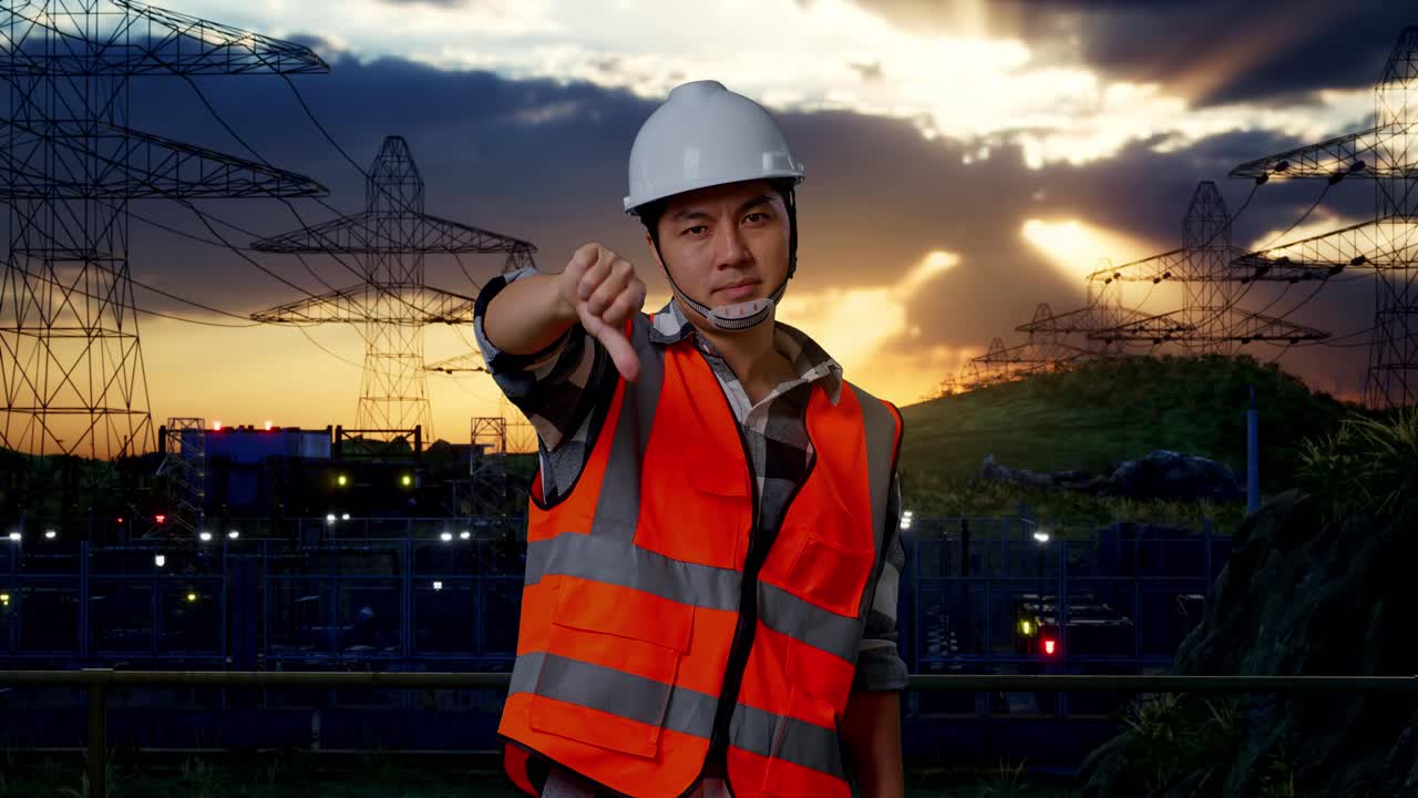ingeniero masculino asiático con casco de seguridad mostrando el pulgar hacia abajo y sacudiendo la cabeza mientras está de pie cerca de la torre de alto voltaje