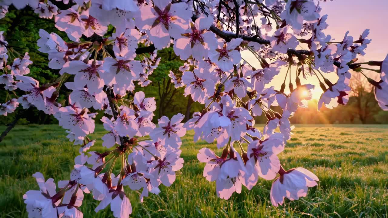 A serene landscape video captures a low-angle view of a blossoming tree at sunrise, with soft light