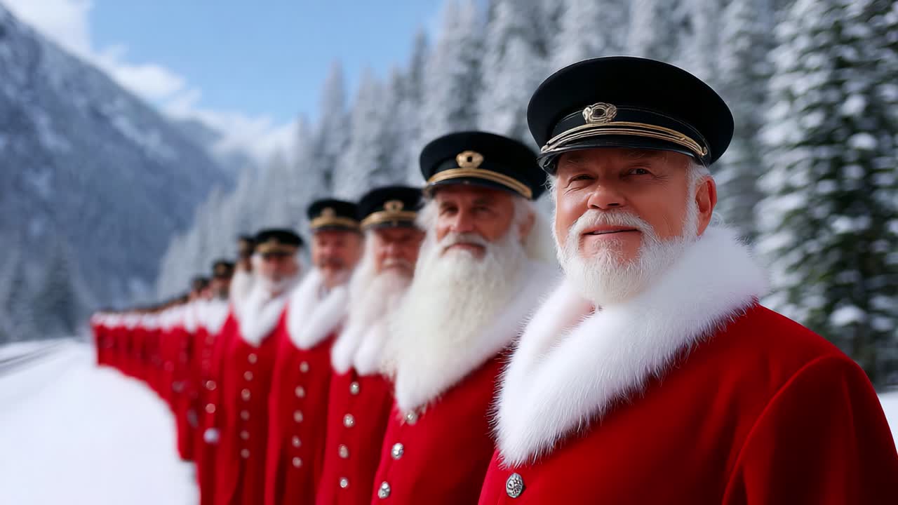 A Festive Gathering of Joyous Bearded Figures Dressed in Red, Standing in a Snow-Covered Landscape, Each Wearing a Black Cap and Embracing the Spirit of Celebration Amidst Evergreen Trees
