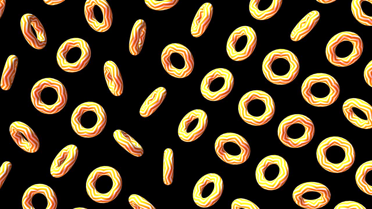fondo abstractamente colorido con rosquillas geométricas simples voladoras o flotantes. animación 3d decorativa multicolor con bucle. brillante composición de movimiento moderno.